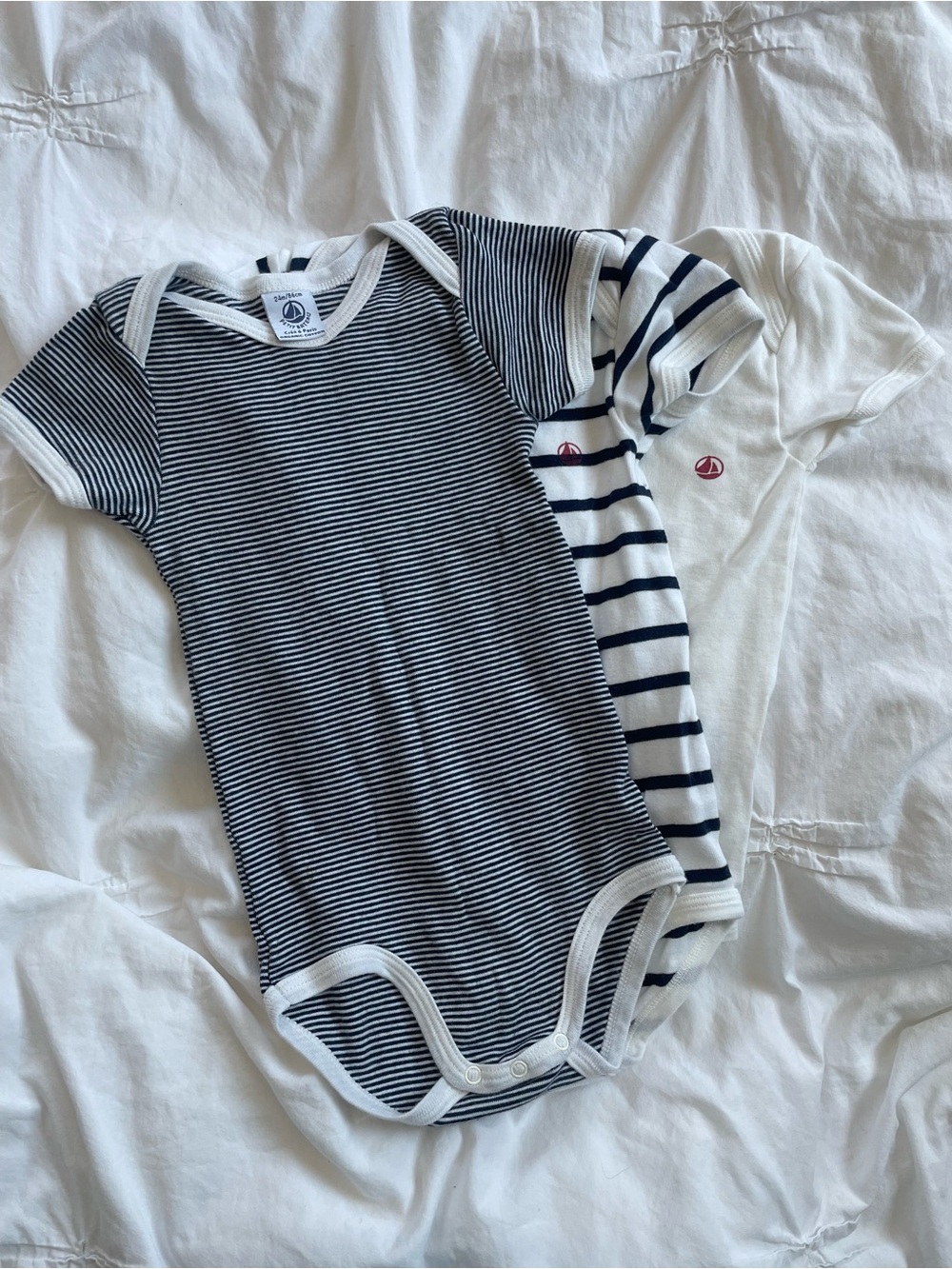 Set of 3 Petit Bateau Navy and White Striped Baby Onesies